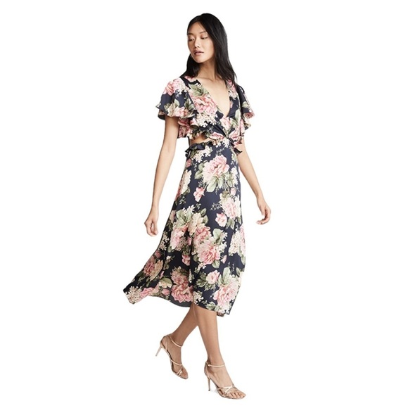 Divine Heritage Floral Cutout V Neck Tie Keyhole Back Flutter Sleeve Midi Dress - Picture 3 of 16